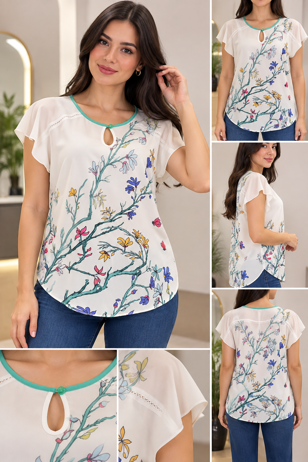 Blusa Floral para Dama | Manga Corta con Cuello Verde