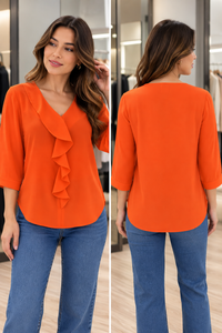 Blusa Pasión Naranja para Dama con Volantes | Manga 3/4