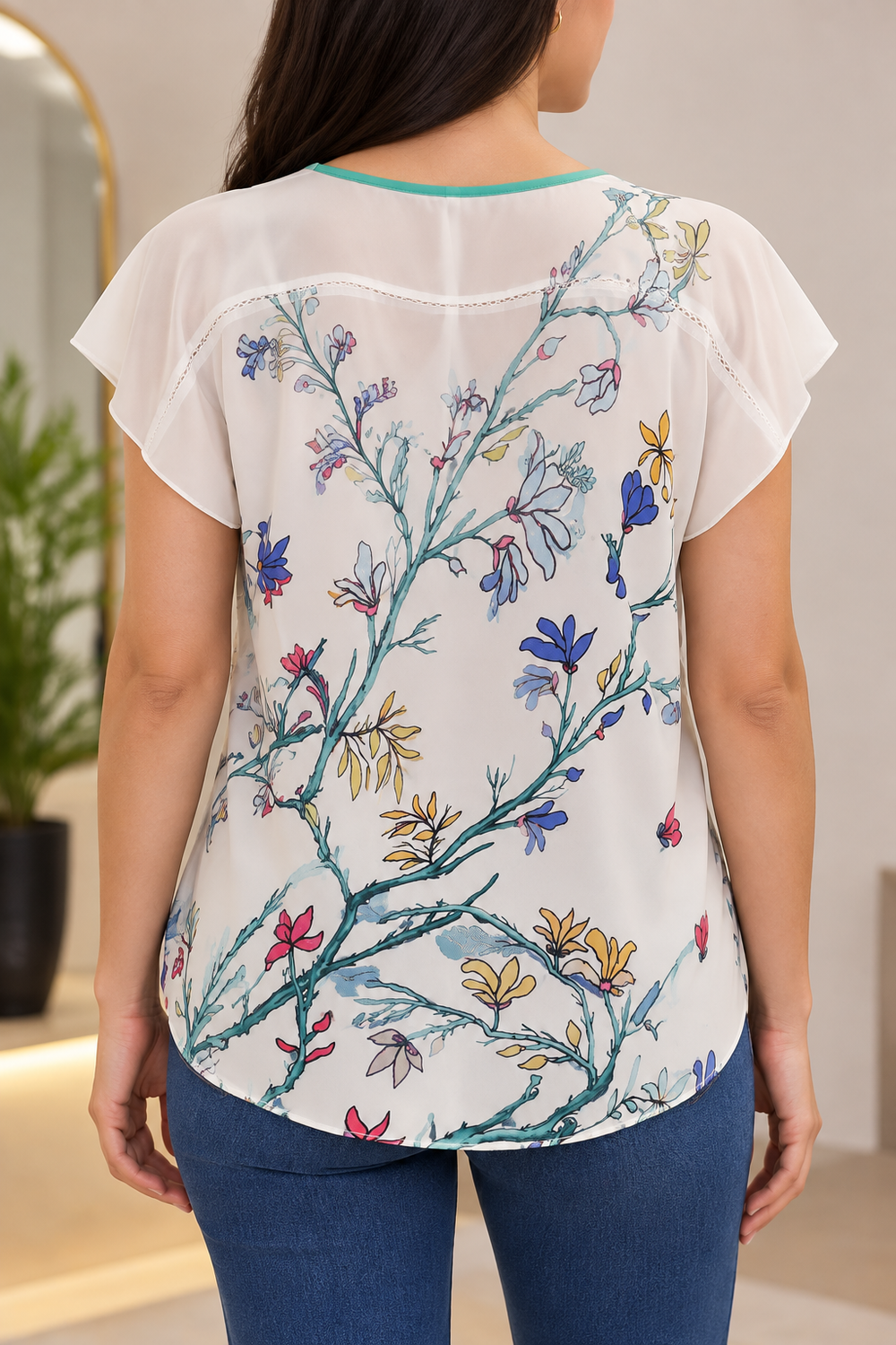 Blusa Floral para Dama | Manga Corta con Cuello Verde