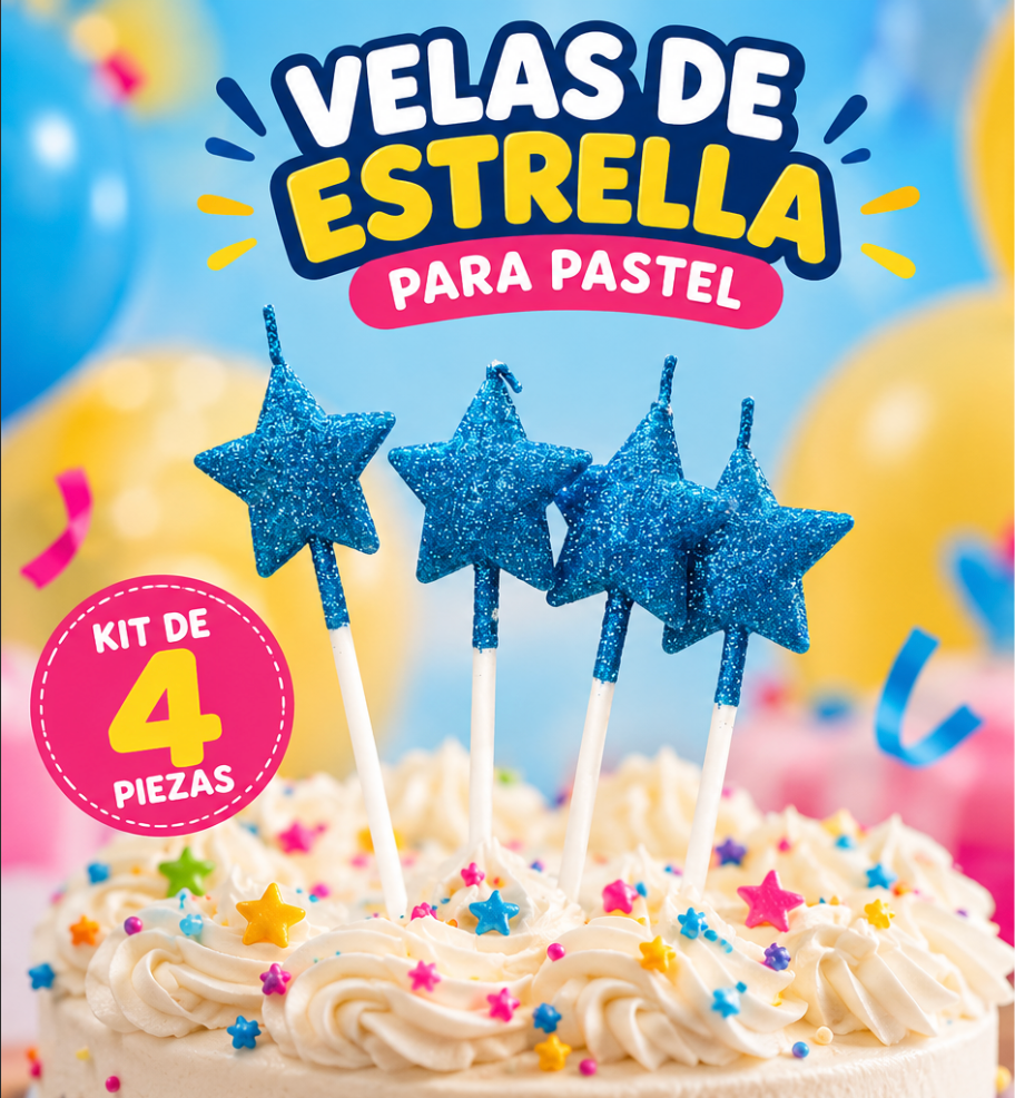 Kit 4 Velas Estrella 3D Glitter para Pastel