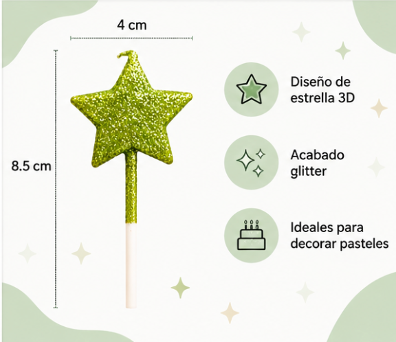 Kit 4 Velas Estrella 3D Glitter Verdes para Pastel