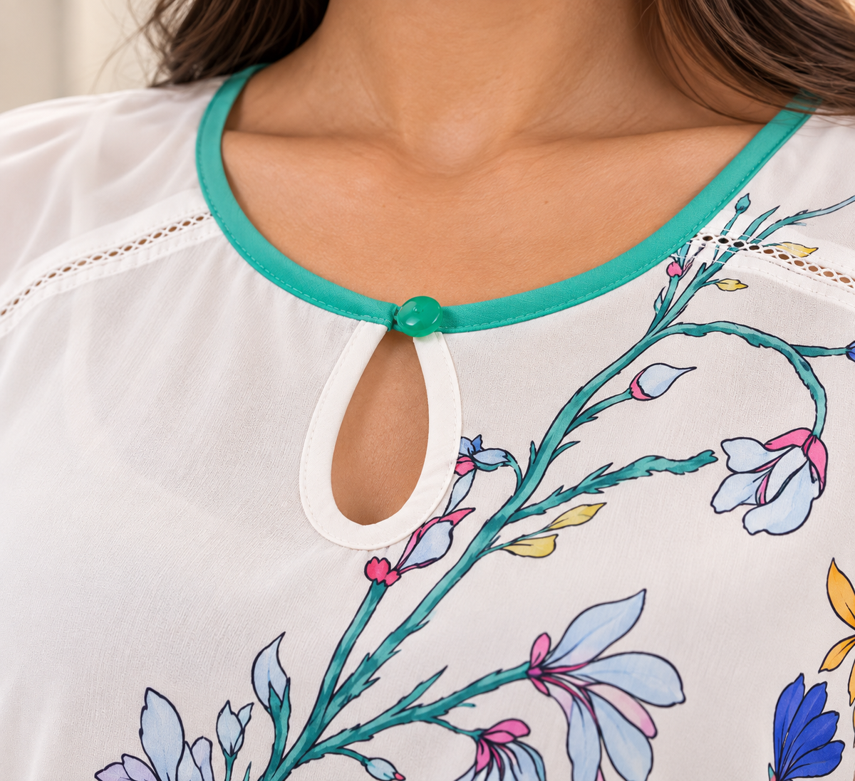 Blusa Floral para Dama | Manga Corta con Cuello Verde