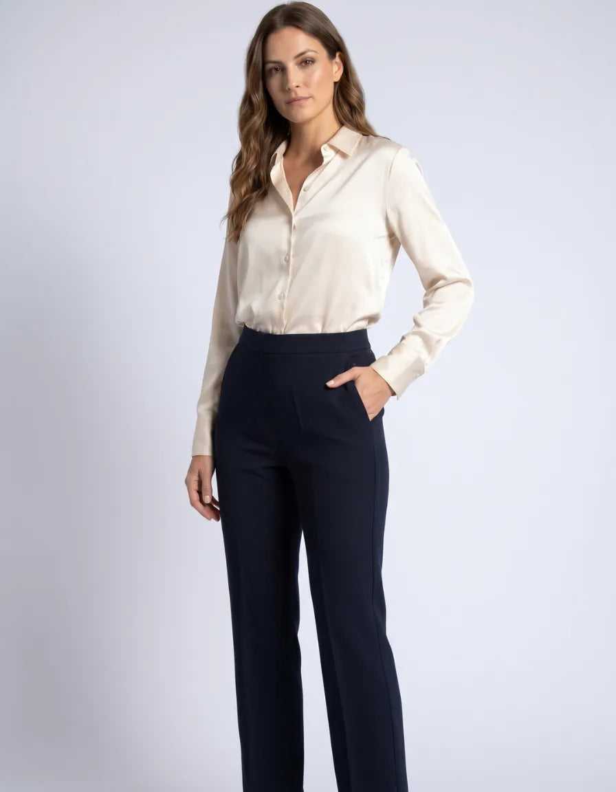 Pantalón de Vestir de Cintura Alta para Mujer | Elegante Azul Marino
